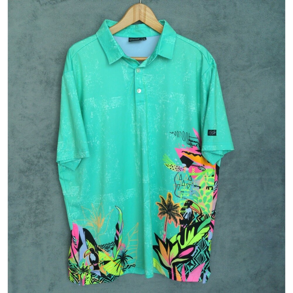 Sunday Swagger Polo Shirt Men's XL Neon Tropical Tucan Palm Trees Beach Golf